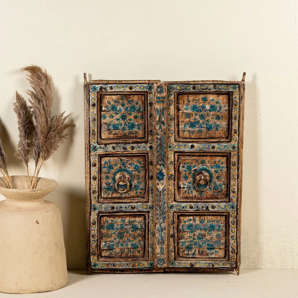 Jodhani Vintage Blue Floral Teak Door Panel - DOBRI ARTS AU