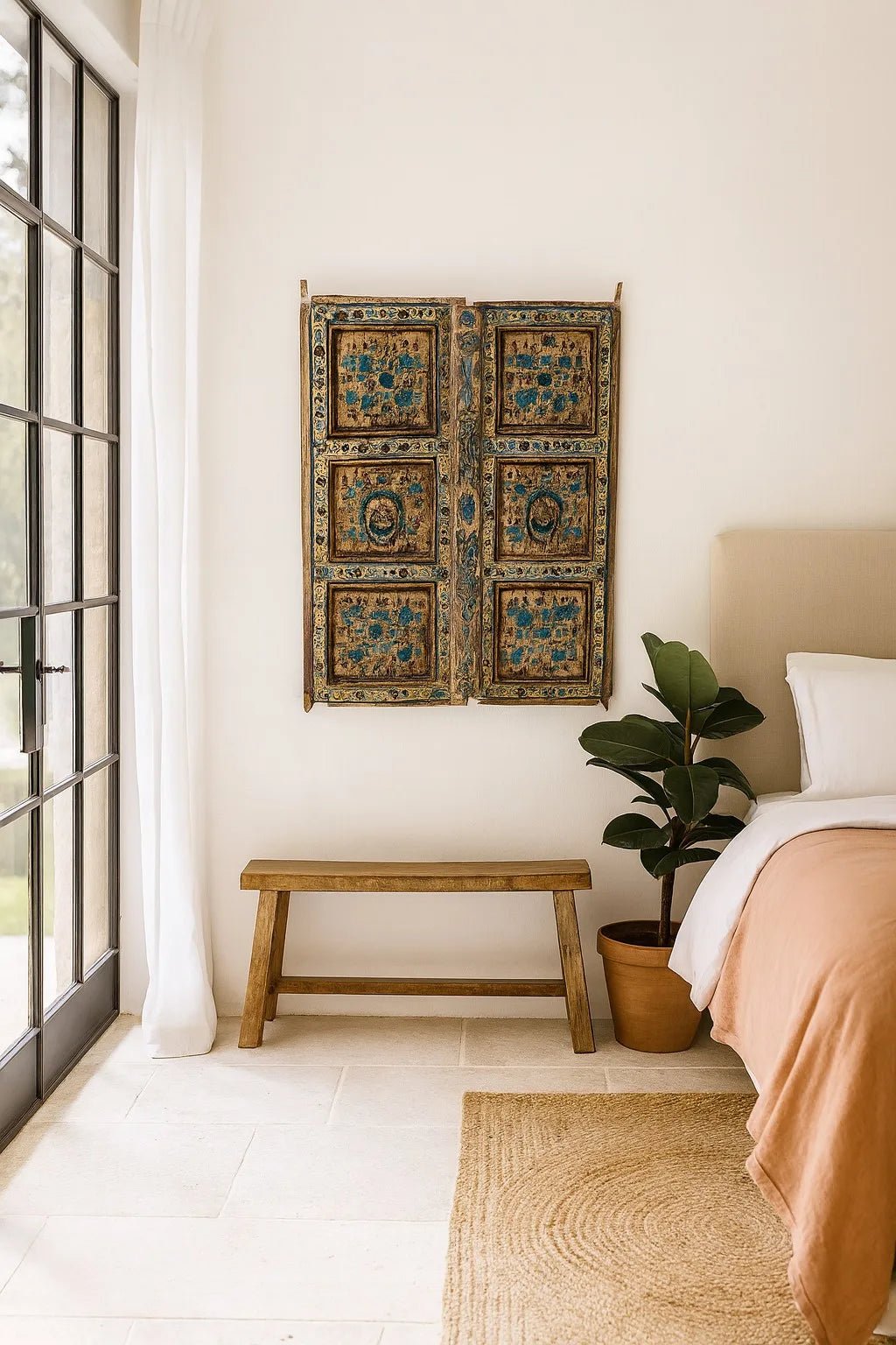 Jodhani Vintage Blue Floral Teak Door Panel - DOBRI ARTS AU