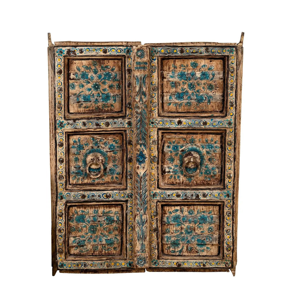 Jodhani Vintage Blue Floral Teak Door Panel - DOBRI ARTS AU