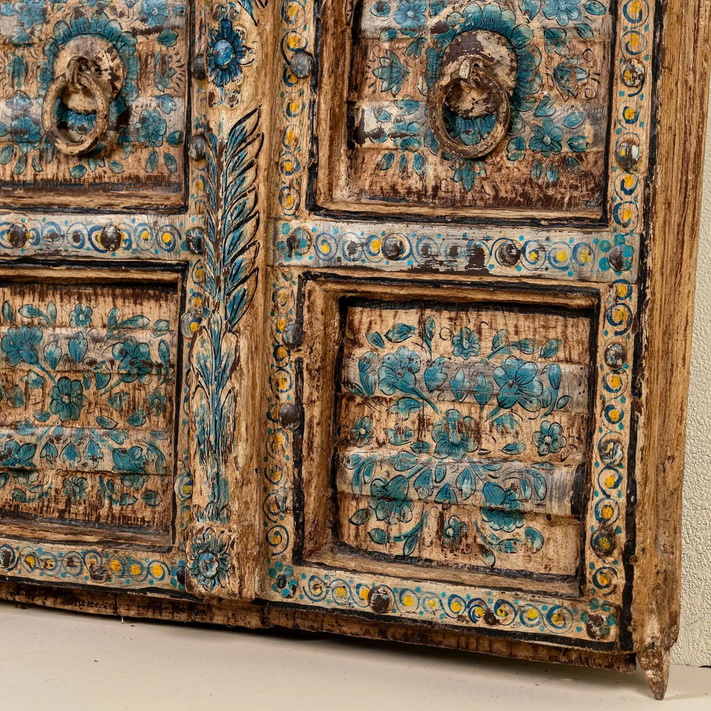 Jodhani Vintage Blue Floral Teak Door Panel - DOBRI ARTS AU