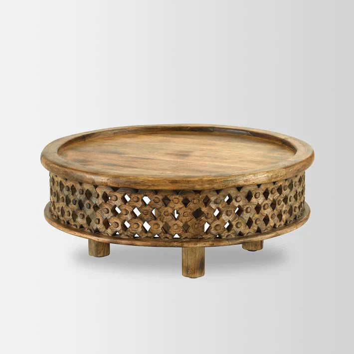 Carved Lattice Round Wooden Coffee Table