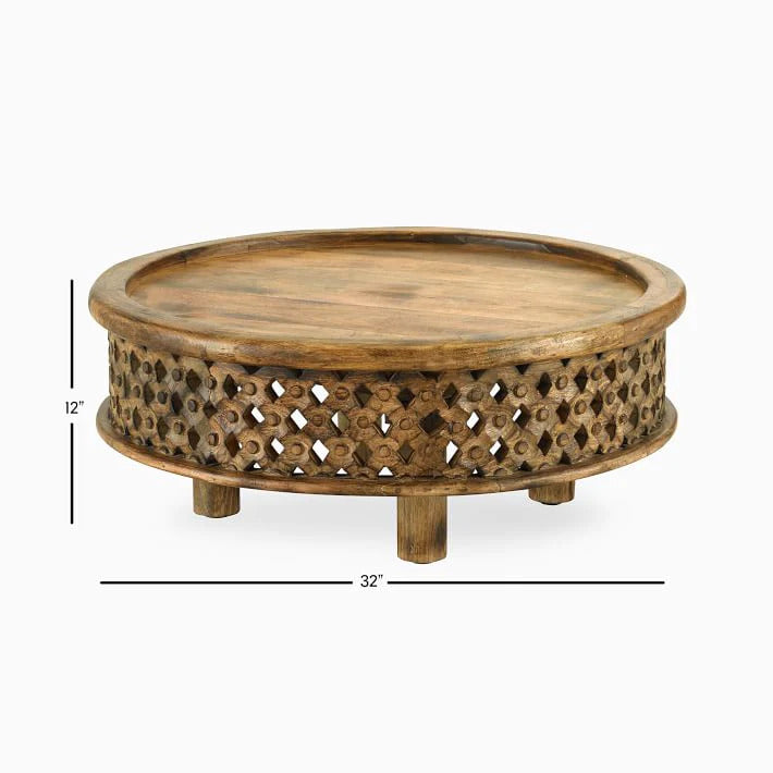 Carved Lattice Round Wooden Coffee Table