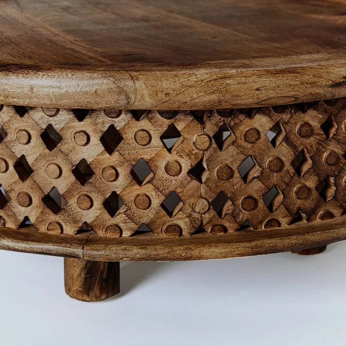 Carved Lattice Round Wooden Coffee Table