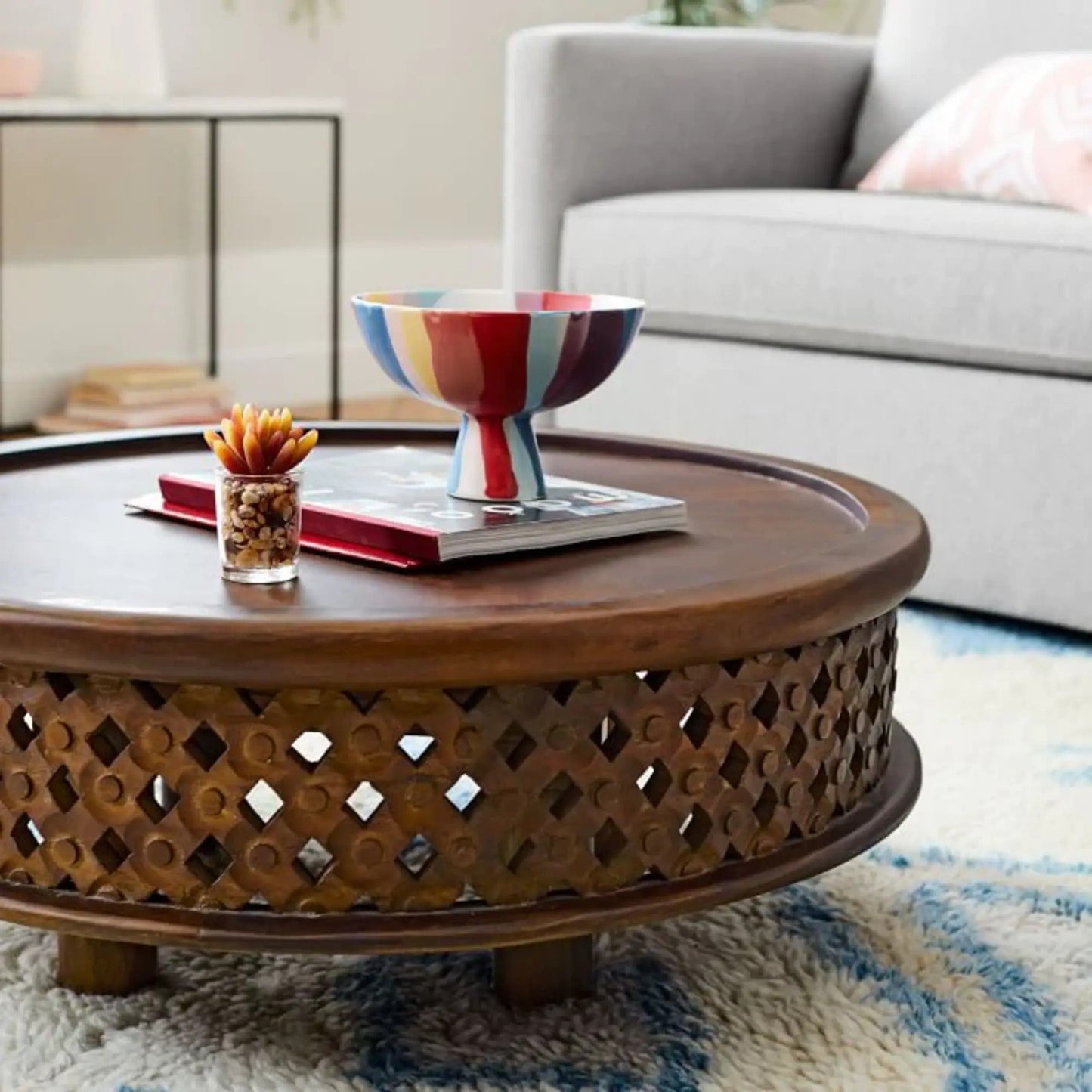 Carved Lattice Round Wooden Coffee Table