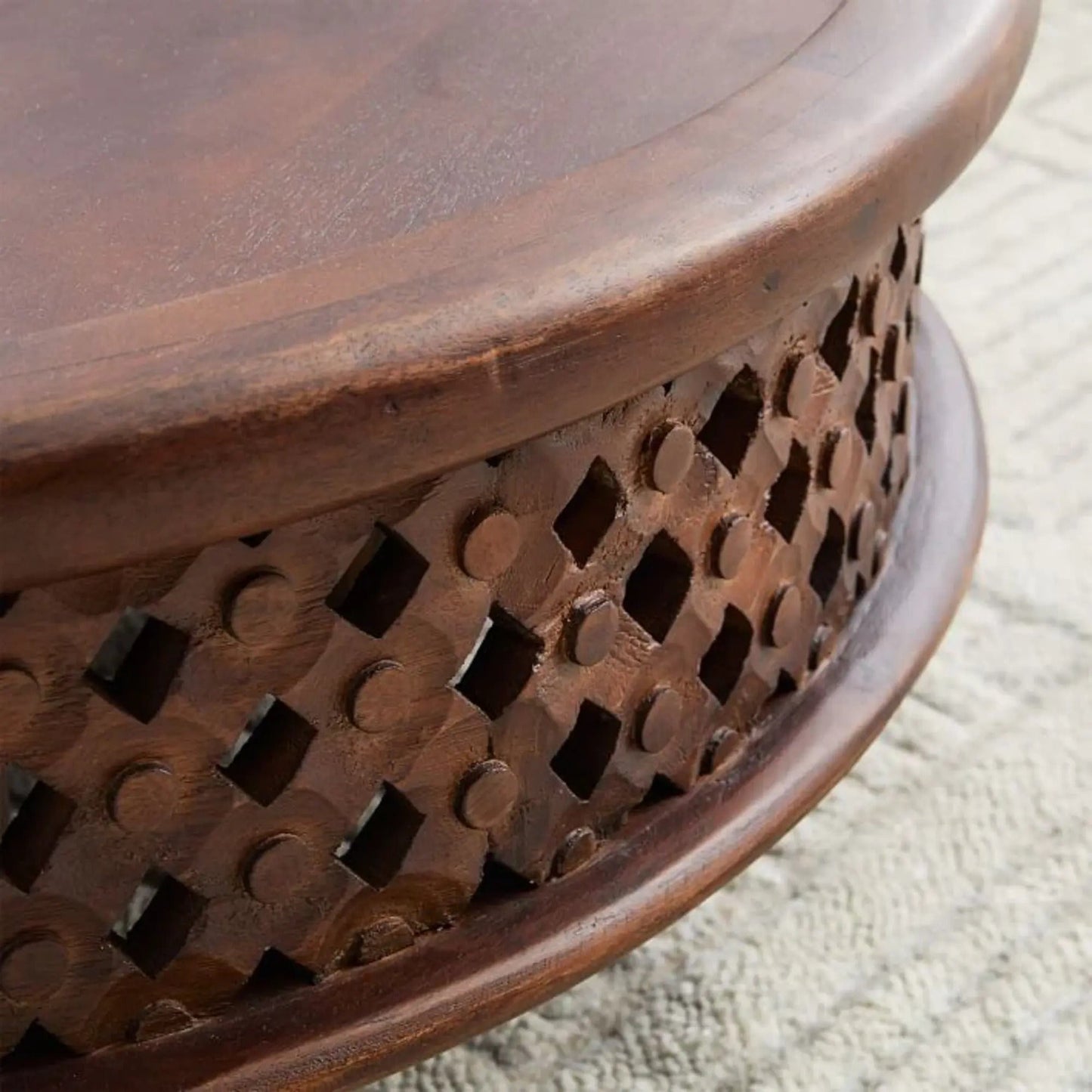 Carved Lattice Round Wooden Coffee Table