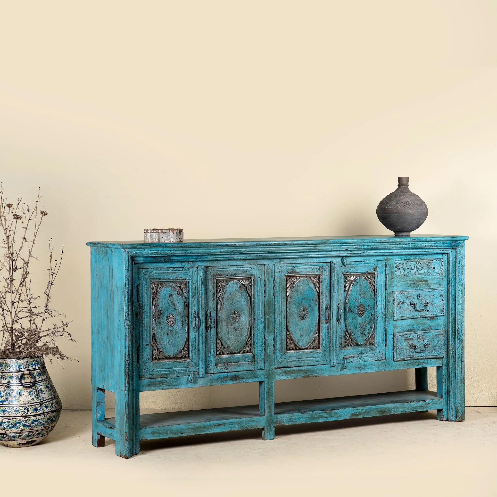 Kalpana Distressed Turquoise Heritage Sideboard Console - DOBRI ARTS AU
