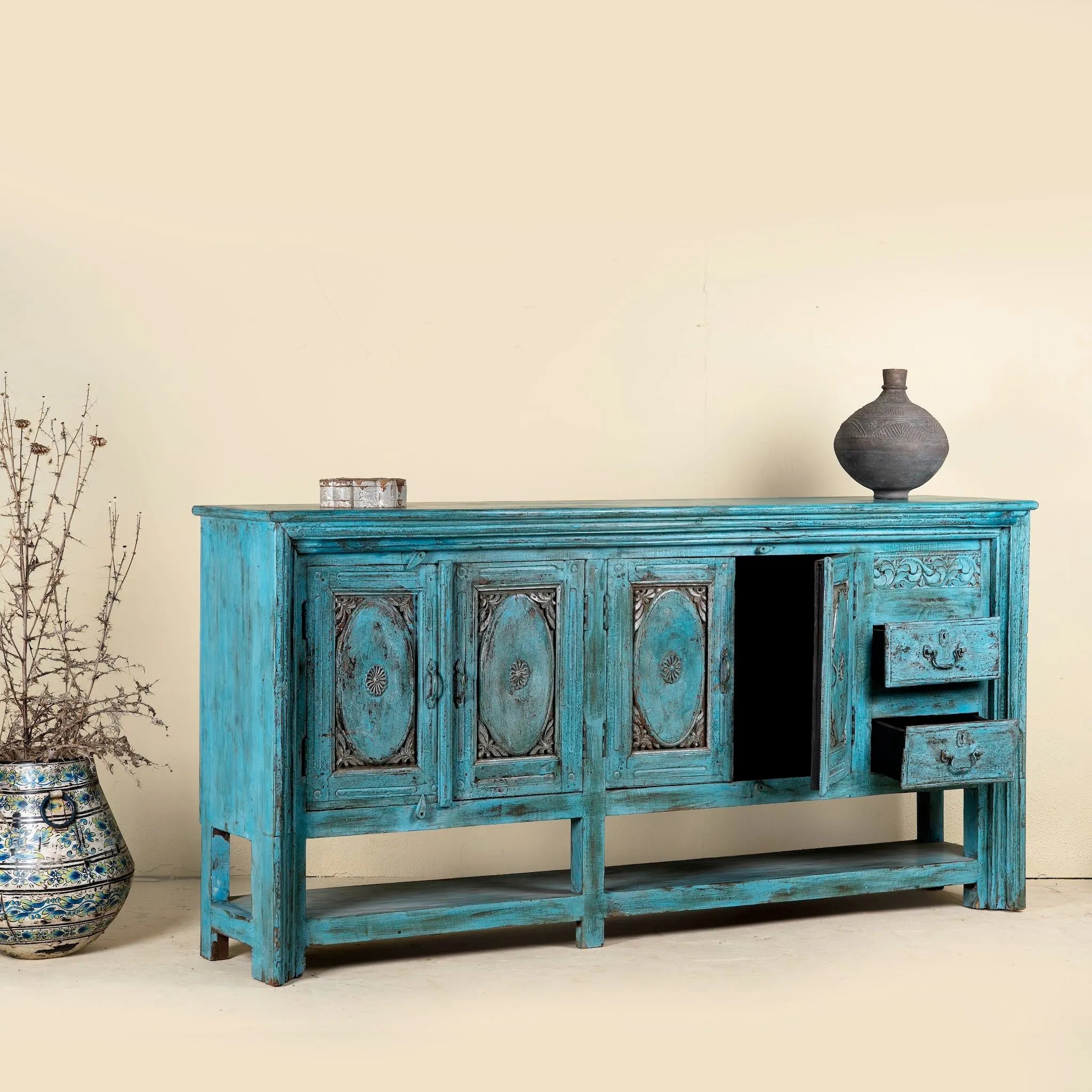 Kalpana Distressed Turquoise Heritage Sideboard Console - DOBRI ARTS AU