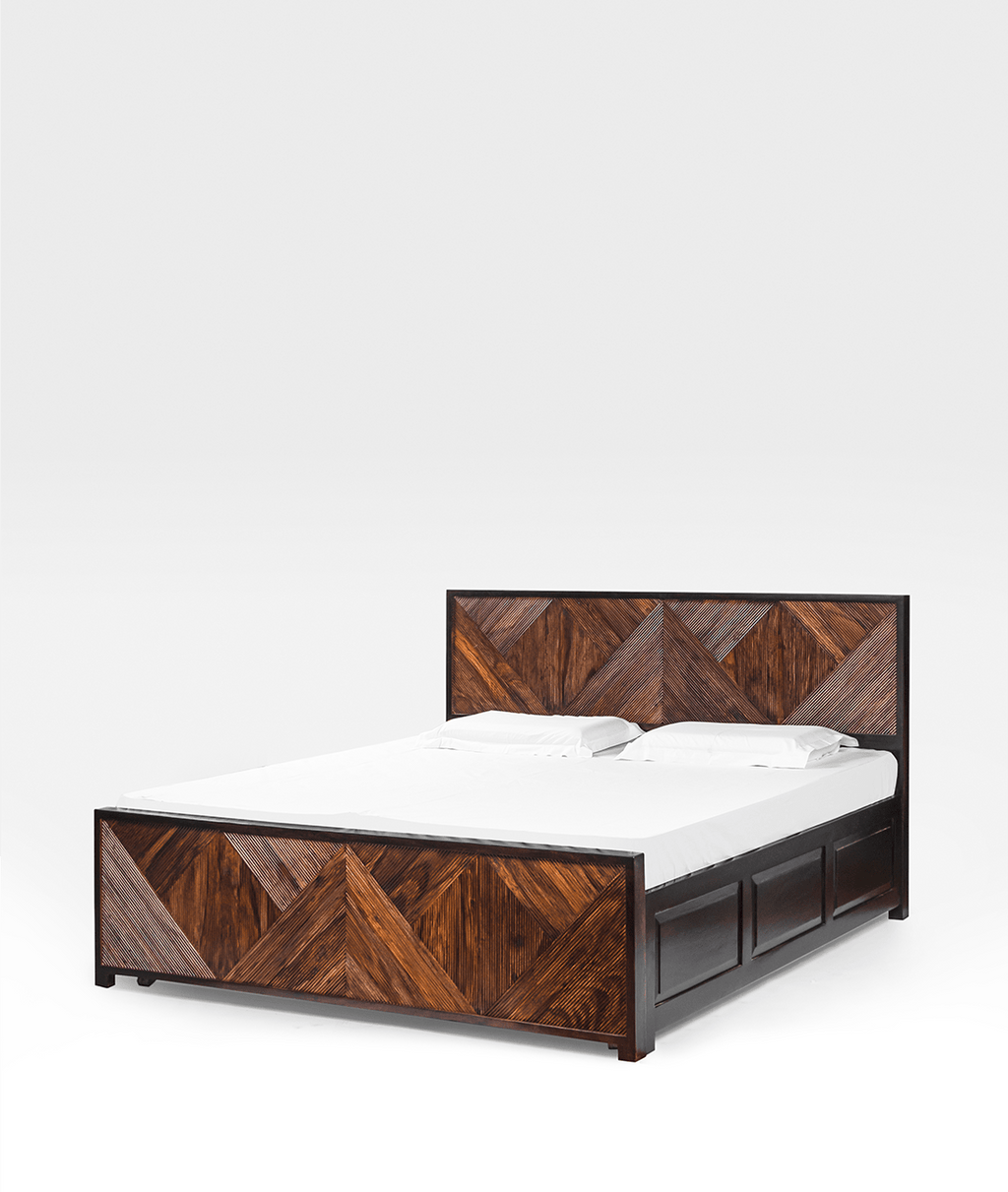 Kara Groove Hydraulic Bed – Geometric Sheesham Solid Wood Storage Bed with Designer Panelled Headboard - DOBRI ARTS AU