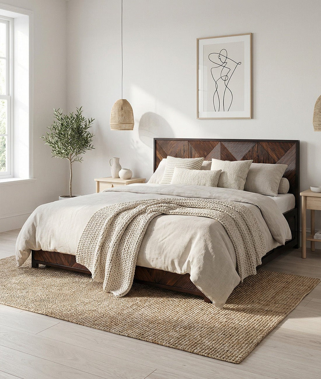 Kara Groove Hydraulic Bed – Geometric Sheesham Solid Wood Storage Bed with Designer Panelled Headboard - DOBRI ARTS AU
