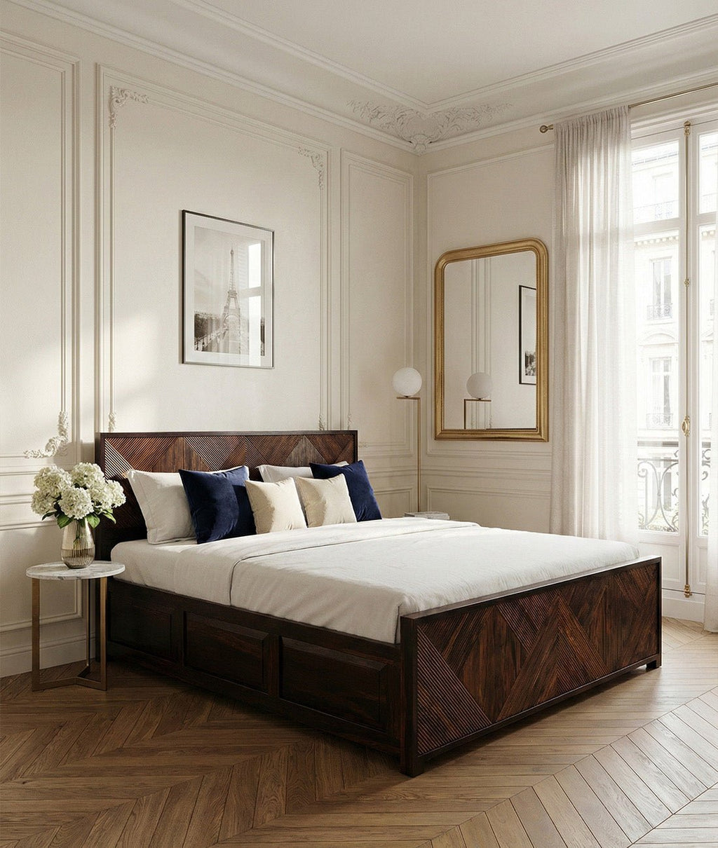 Kara Groove Hydraulic Bed – Geometric Sheesham Solid Wood Storage Bed with Designer Panelled Headboard - DOBRI ARTS AU