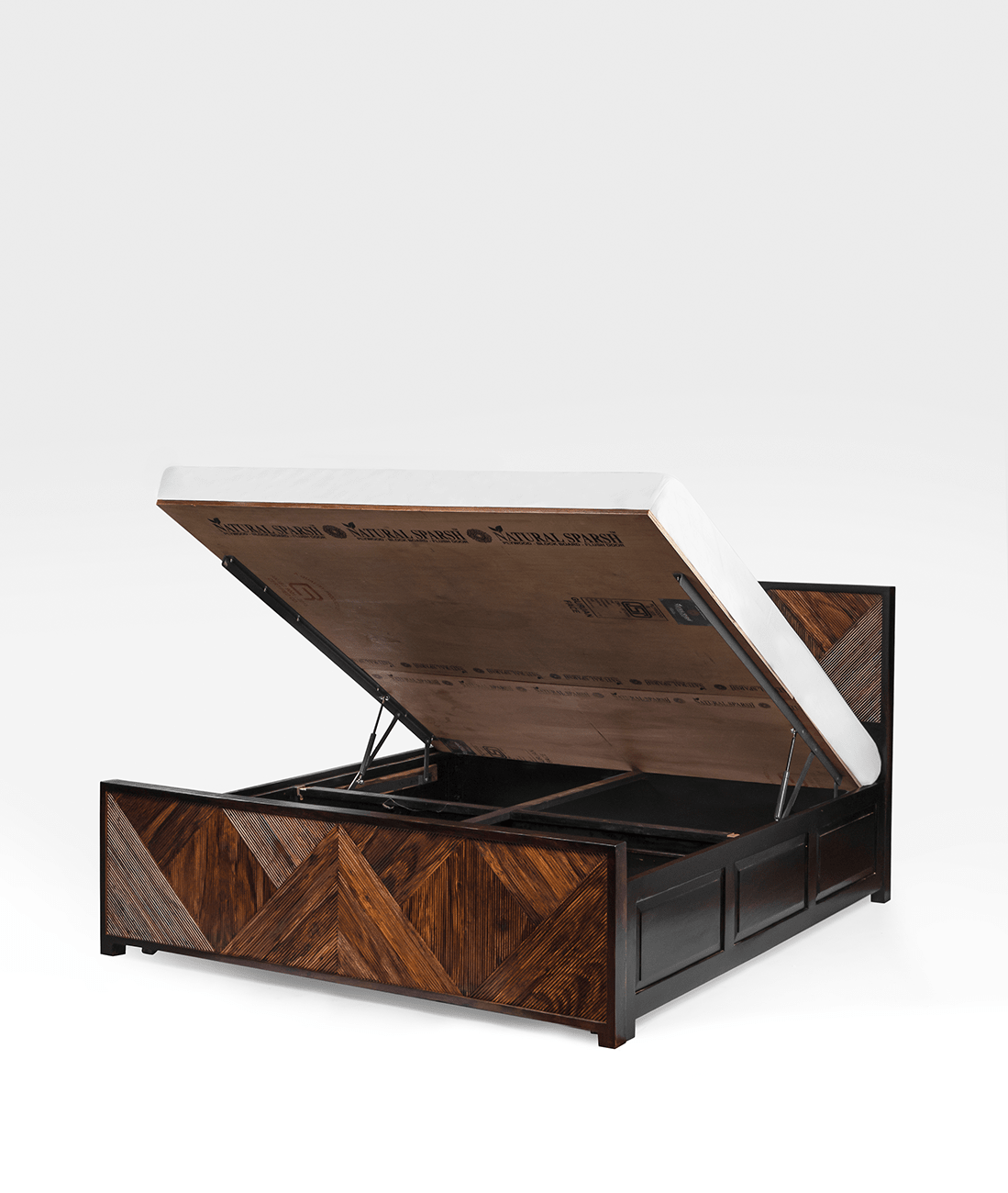 Kara Groove Hydraulic Bed – Geometric Sheesham Solid Wood Storage Bed with Designer Panelled Headboard - DOBRI ARTS AU