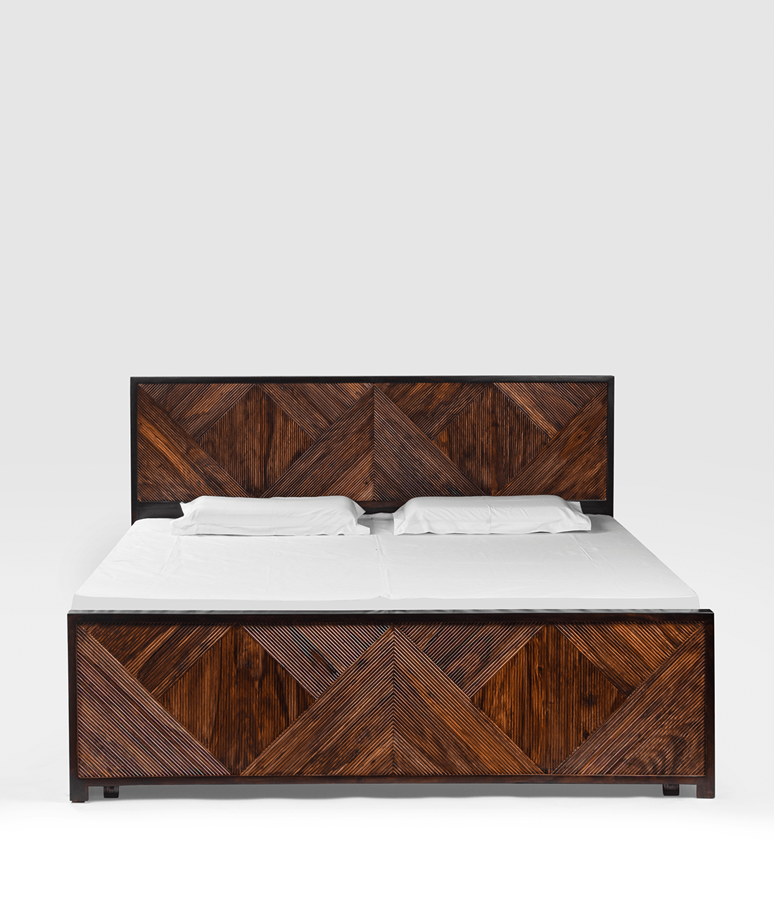 Kara Groove Hydraulic Bed – Geometric Sheesham Solid Wood Storage Bed with Designer Panelled Headboard - DOBRI ARTS AU