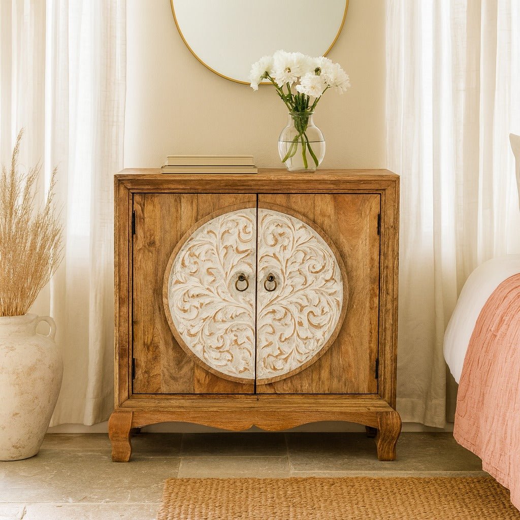 Kartarpur Hand-Carved Circular Motif Wooden Cabinet - DOBRI ARTS AU