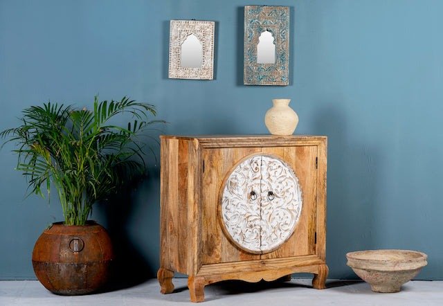 Kartarpur Hand-Carved Circular Motif Wooden Cabinet - DOBRI ARTS AU
