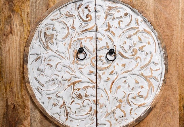Kartarpur Hand-Carved Circular Motif Wooden Cabinet - DOBRI ARTS AU