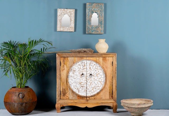 Kartarpur Hand-Carved Circular Motif Wooden Cabinet - DOBRI ARTS AU