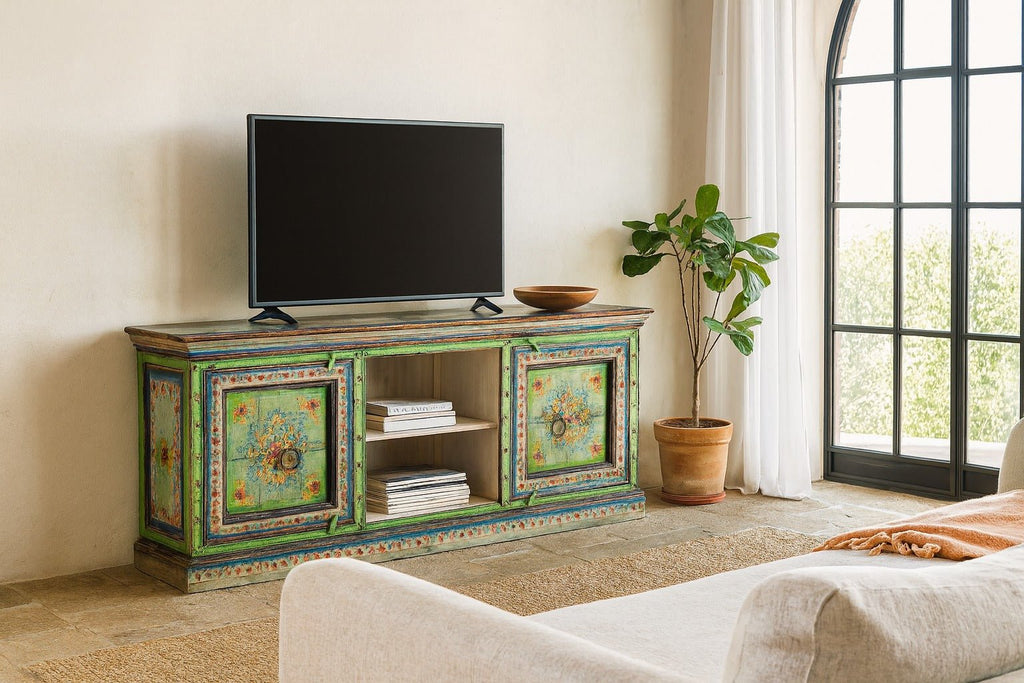 Karuna Hand-Painted Vintage Wooden TV Console with Floral Panels - DOBRI ARTS AU