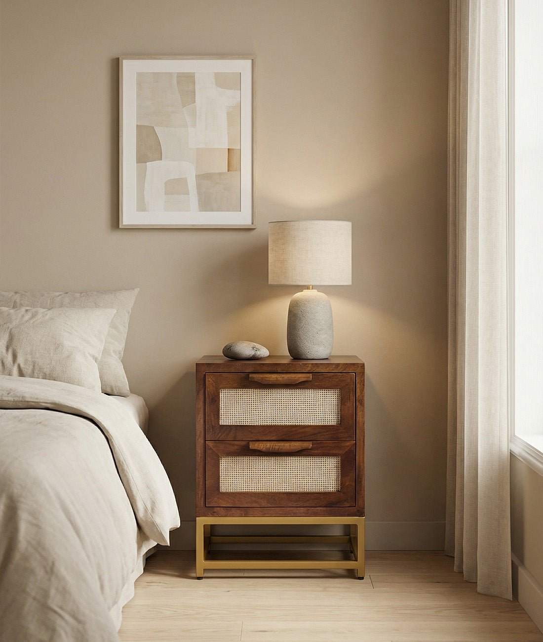Kaveer Mango Solid Wood Bedside Table – Honey Finish Nightstand, Raised Metal Base, Open Shelf Storage & Rustic Bedroom Furniture - DOBRI ARTS AU
