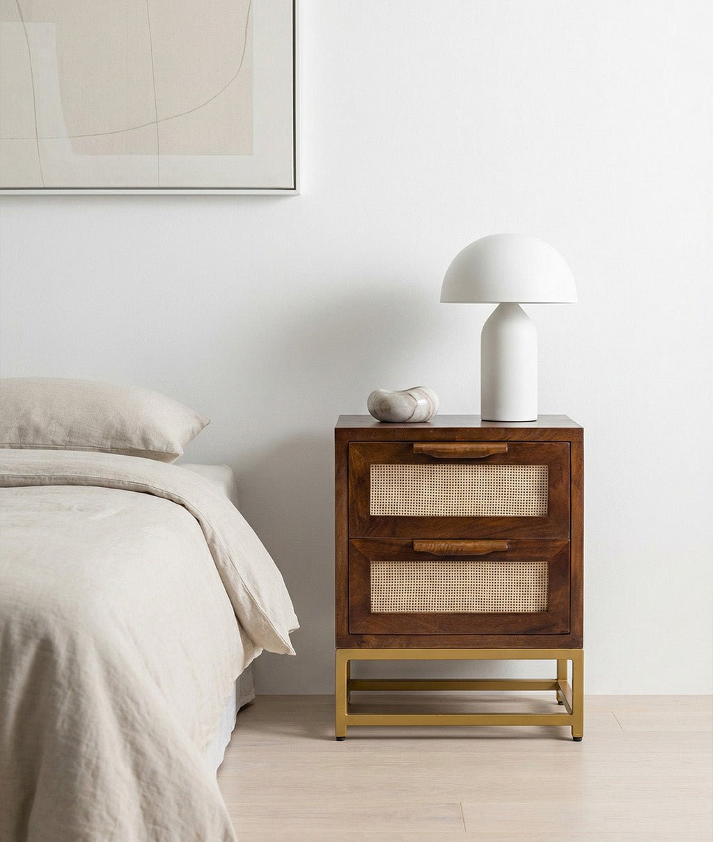 Kaveer Mango Solid Wood Bedside Table – Honey Finish Nightstand, Raised Metal Base, Open Shelf Storage & Rustic Bedroom Furniture - DOBRI ARTS AU