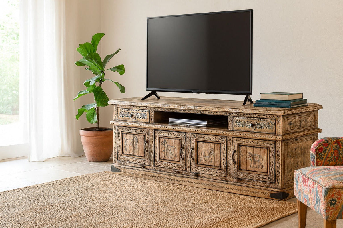 Khari Reclaimed Wood Hand-Carved Lowboard with Drawer & Cabinet Storage - DOBRI ARTS AU
