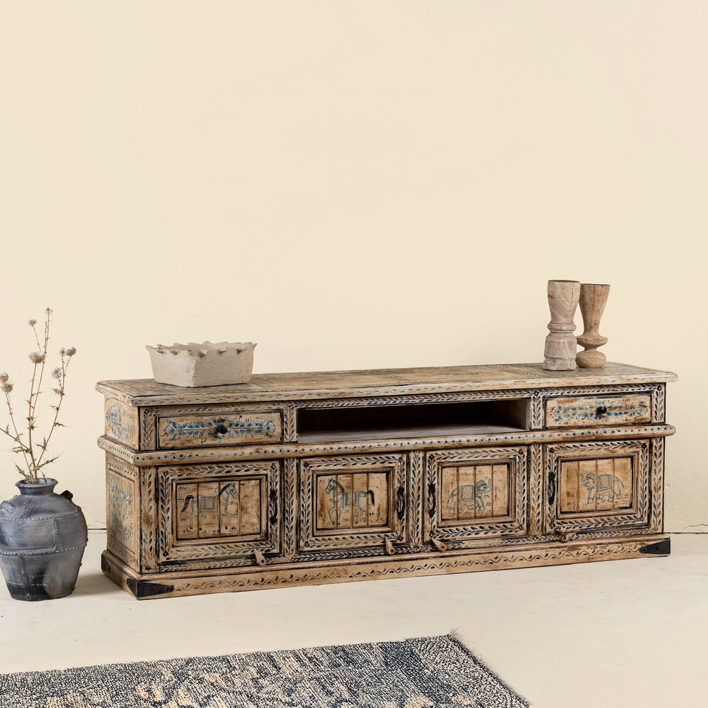 Khari Reclaimed Wood Hand-Carved Lowboard with Drawer & Cabinet Storage - DOBRI ARTS AU
