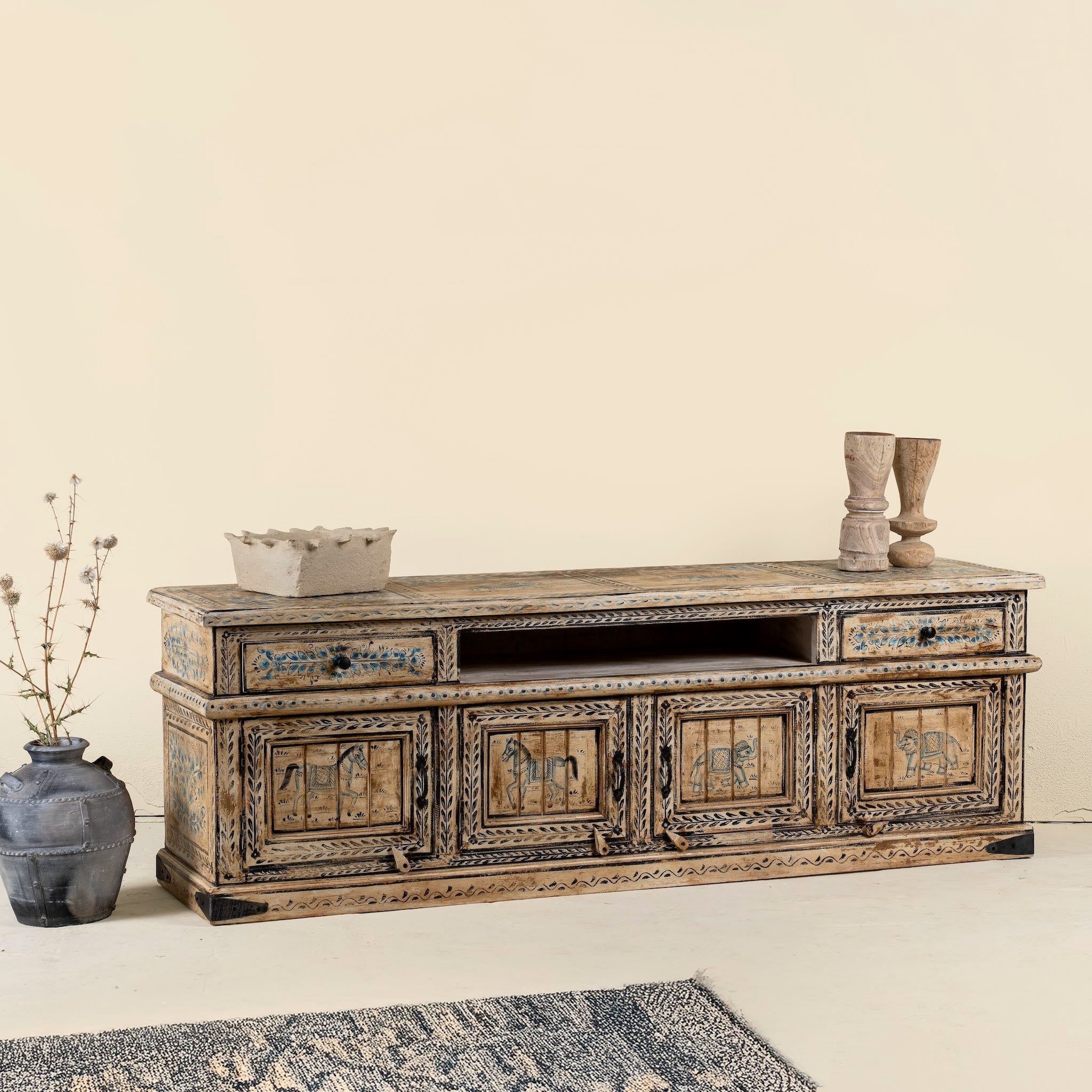 Khari Reclaimed Wood Hand-Carved Lowboard with Drawer & Cabinet Storage - DOBRI ARTS AU