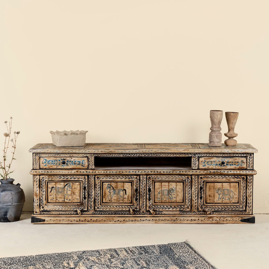 Khari Reclaimed Wood Hand-Carved Lowboard with Drawer & Cabinet Storage - DOBRI ARTS AU