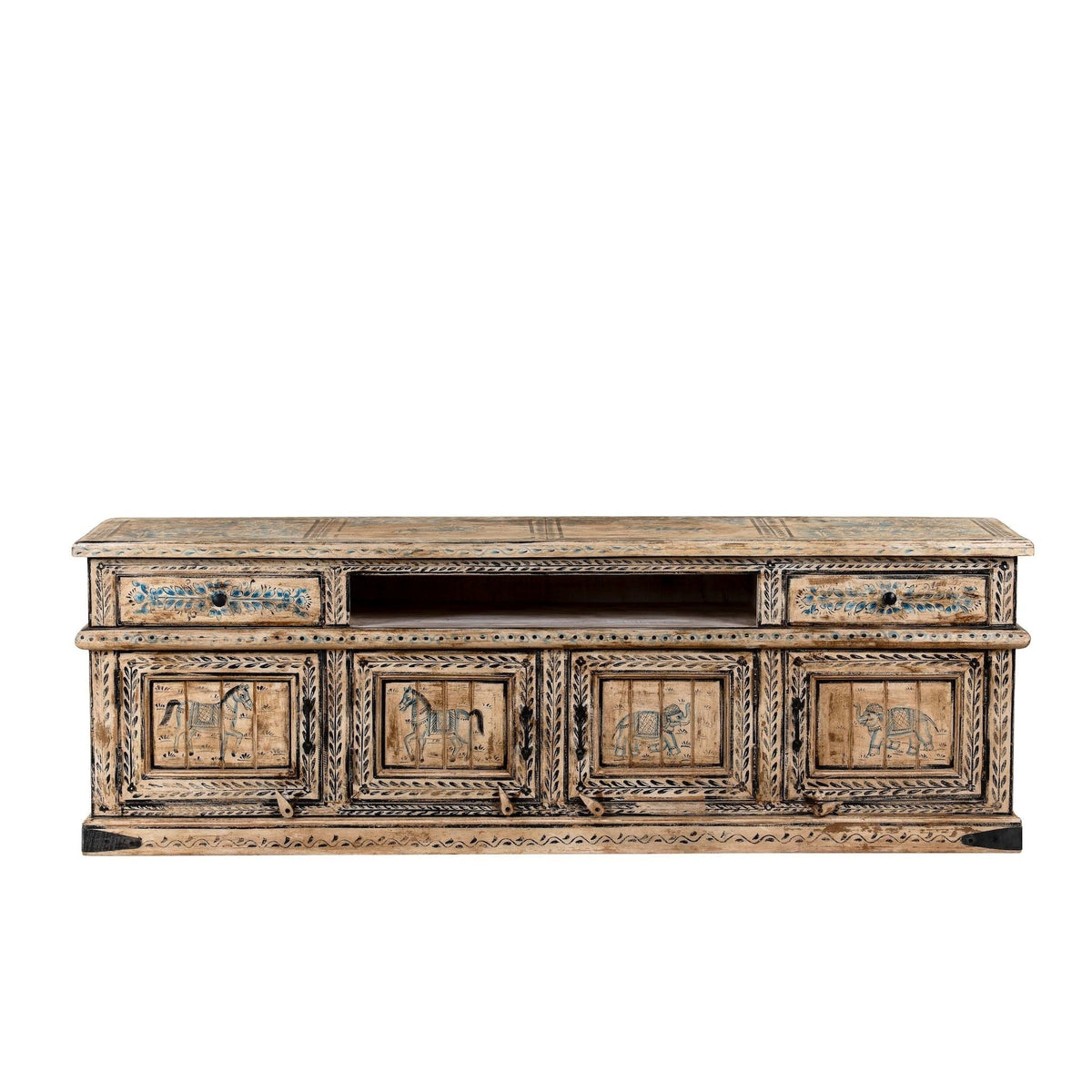 Khari Reclaimed Wood Hand-Carved Lowboard with Drawer & Cabinet Storage - DOBRI ARTS AU