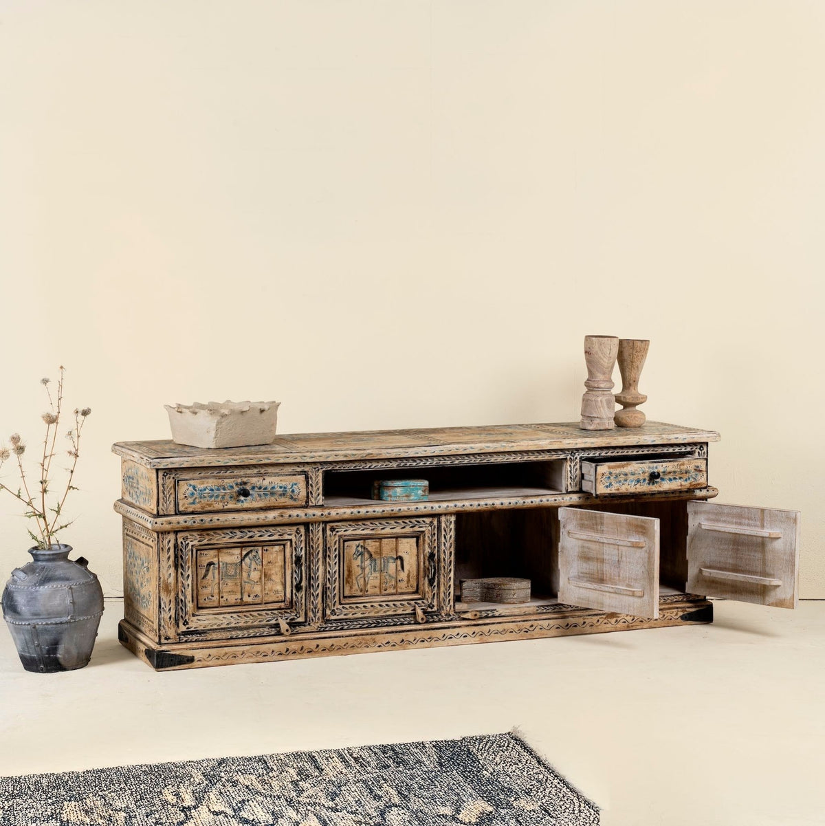 Khari Reclaimed Wood Hand-Carved Lowboard with Drawer & Cabinet Storage - DOBRI ARTS AU