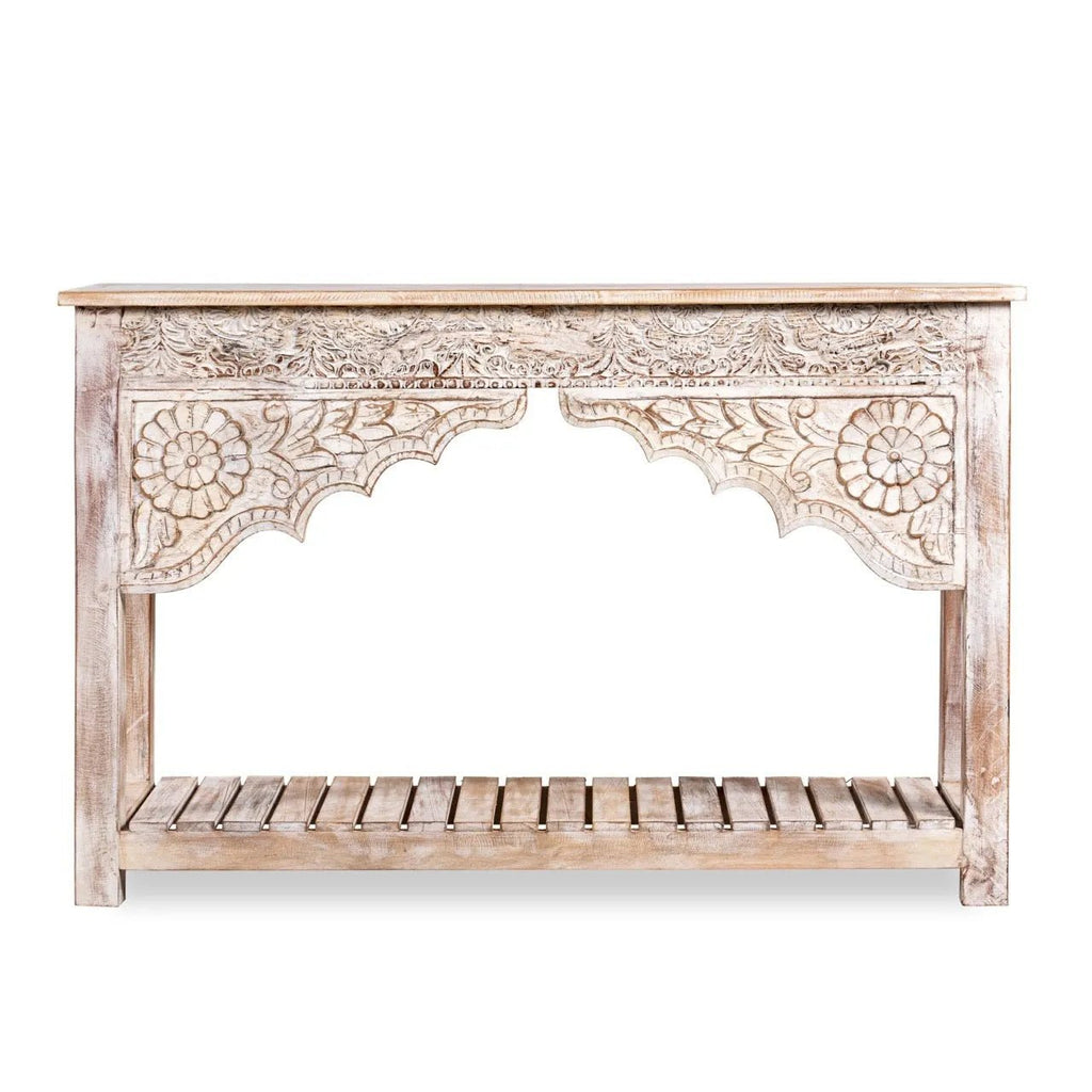 Kolkata Hand-Carved Mango Wood Console Table with Lower Slatted Shelf - DOBRI ARTS AU