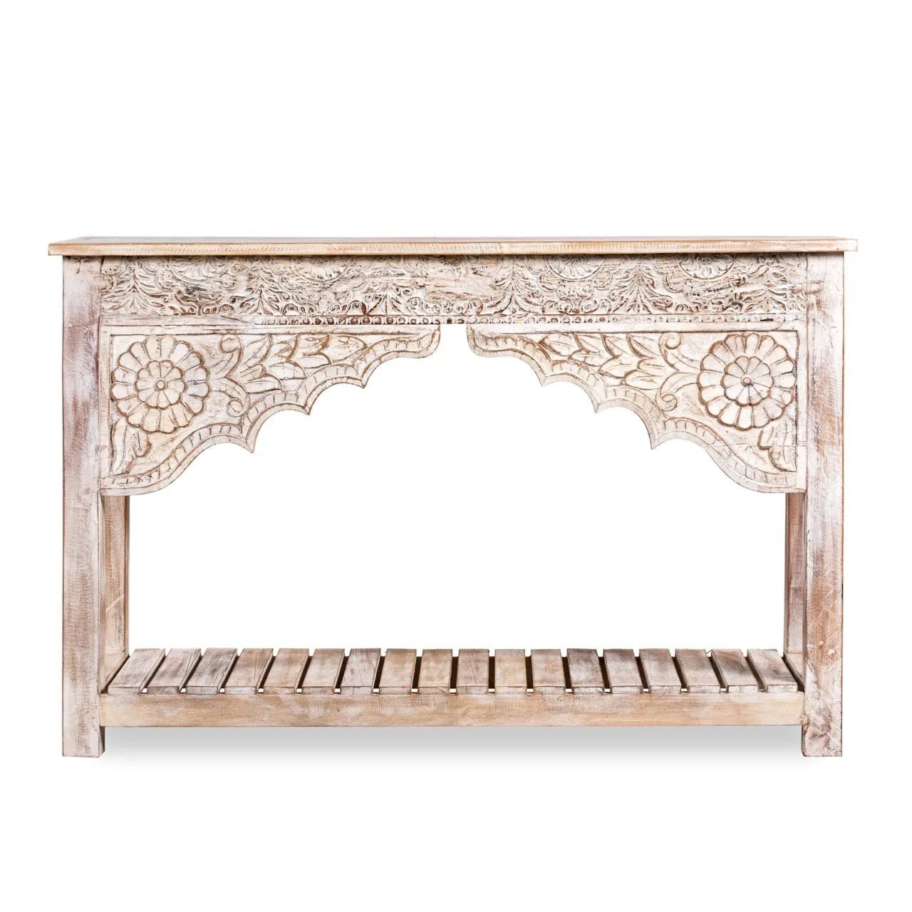 Kolkata Hand-Carved Mango Wood Console Table with Lower Slatted Shelf - DOBRI ARTS AU