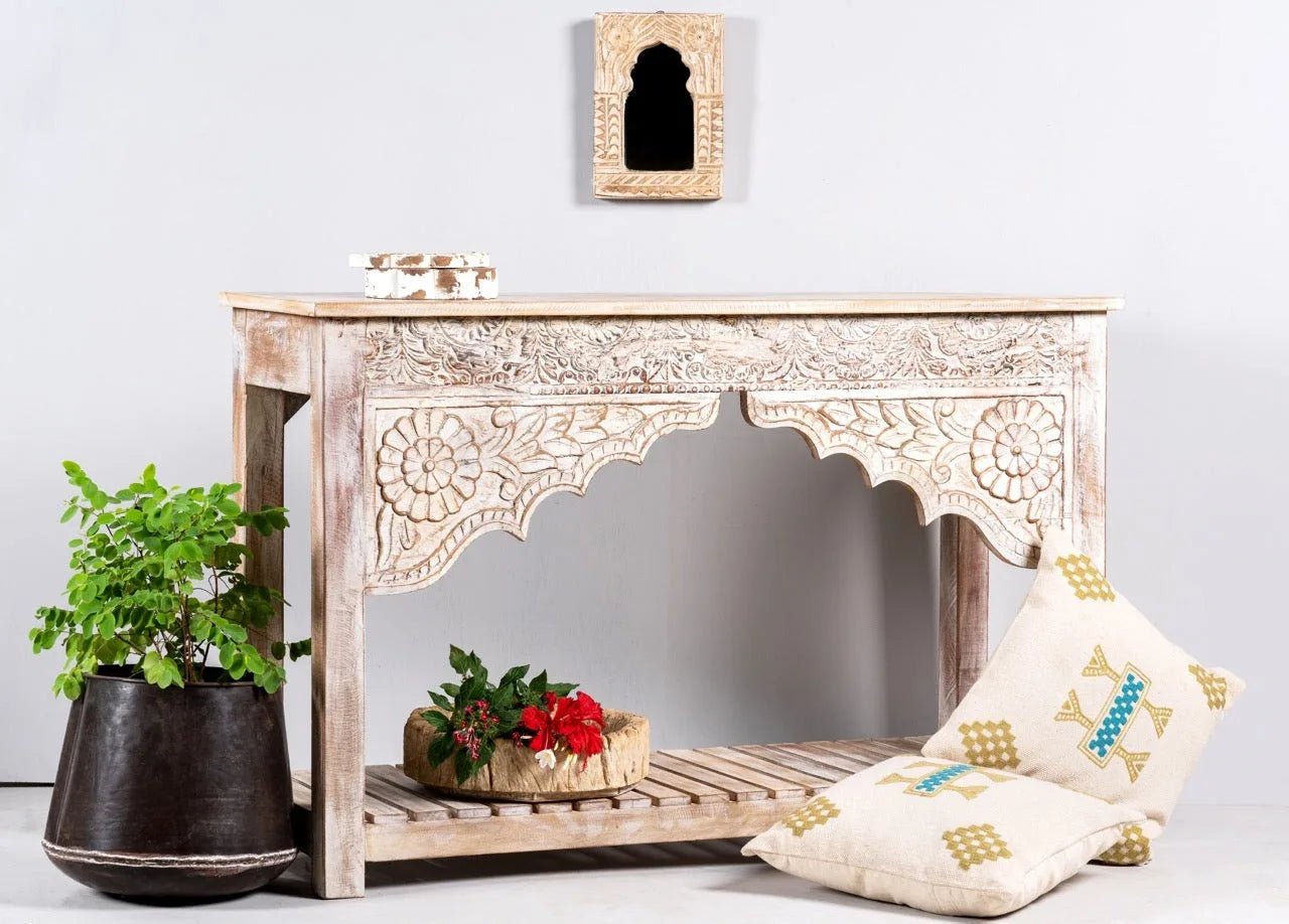 Kolkata Hand-Carved Mango Wood Console Table with Lower Slatted Shelf - DOBRI ARTS AU