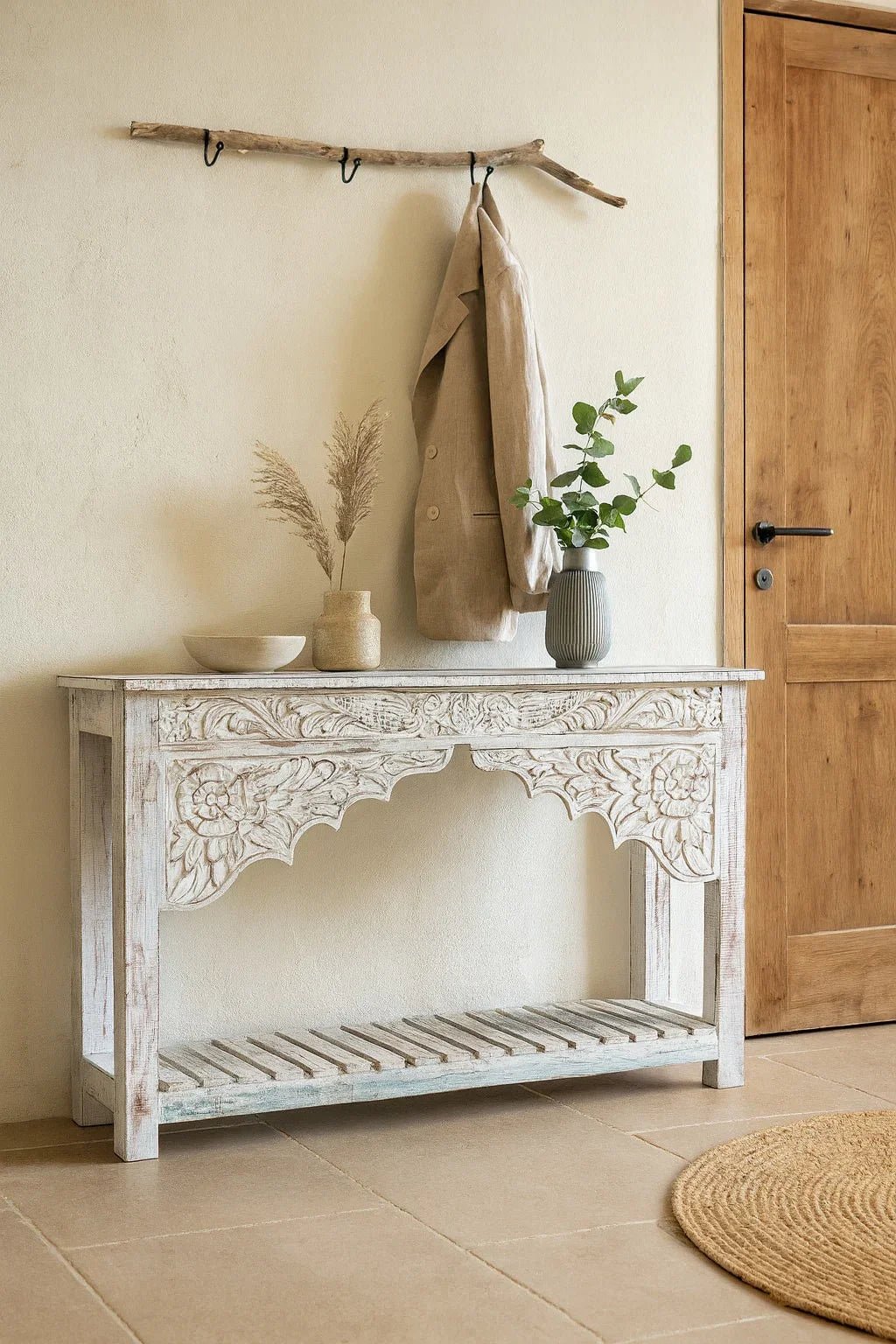 Kolkata Hand-Carved Mango Wood Console Table with Lower Slatted Shelf - DOBRI ARTS AU