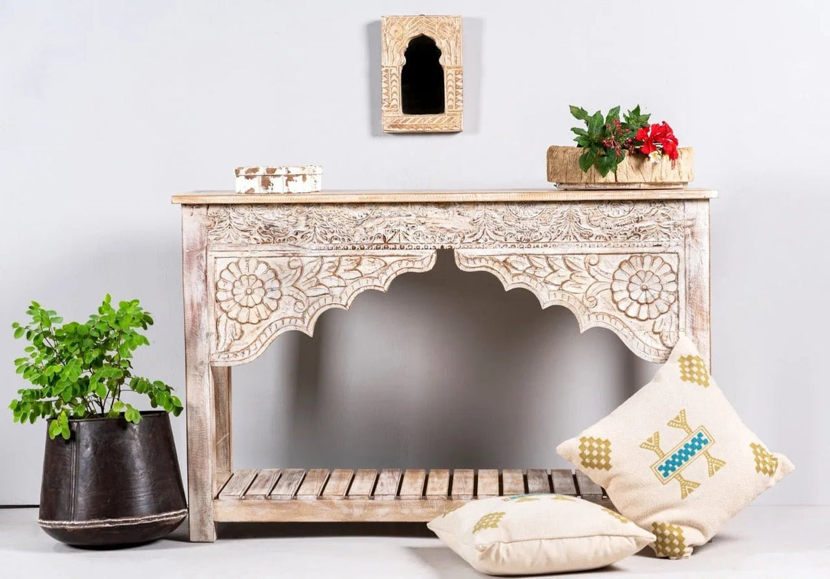 Kolkata Hand-Carved Mango Wood Console Table with Lower Slatted Shelf - DOBRI ARTS AU