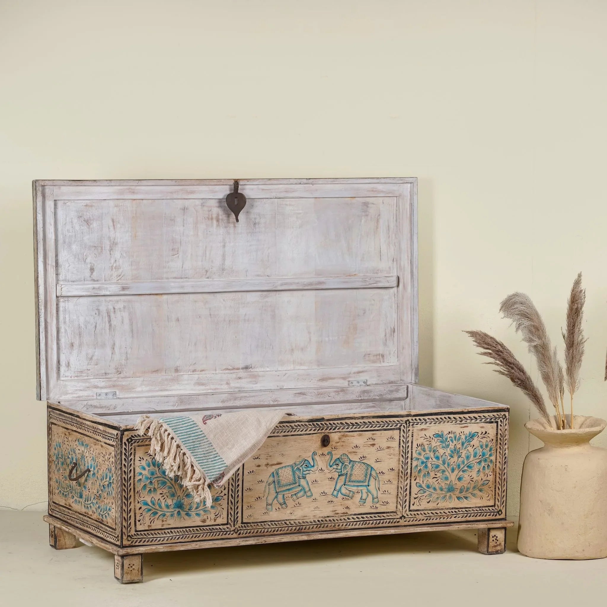 Kunal Hand-Painted Elephant & Tree Reclaimed Wood Storage Chest - DOBRI ARTS AU