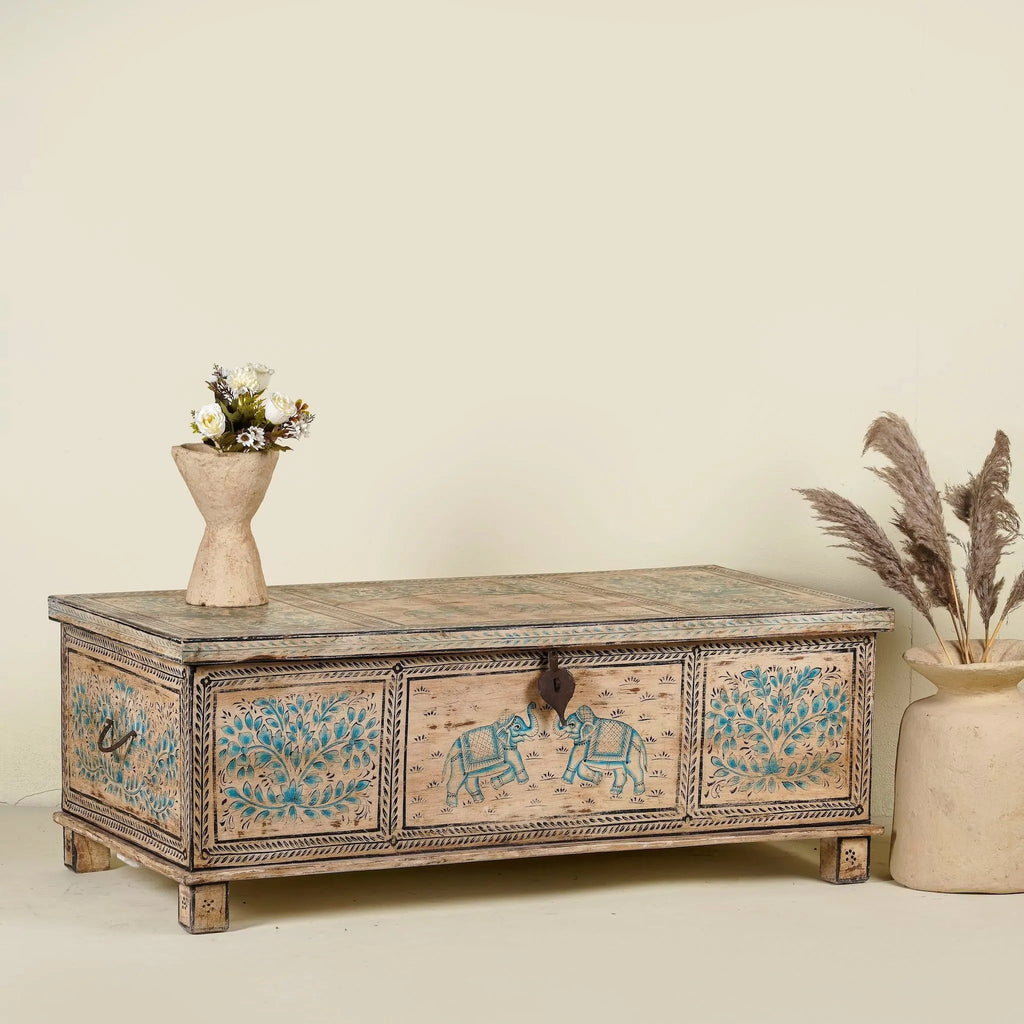 Kunal Hand-Painted Elephant & Tree Reclaimed Wood Storage Chest - DOBRI ARTS AU