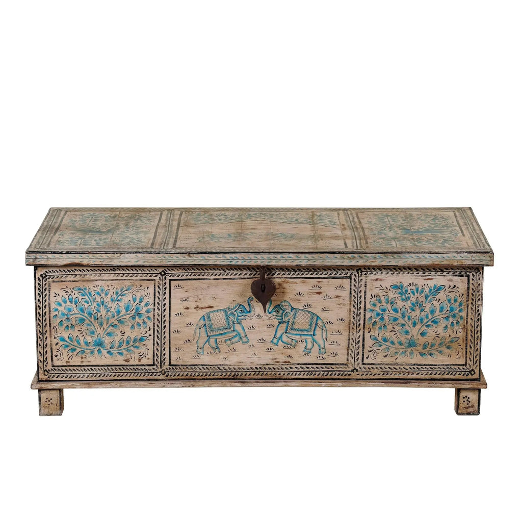 Kunal Hand-Painted Elephant & Tree Reclaimed Wood Storage Chest - DOBRI ARTS AU