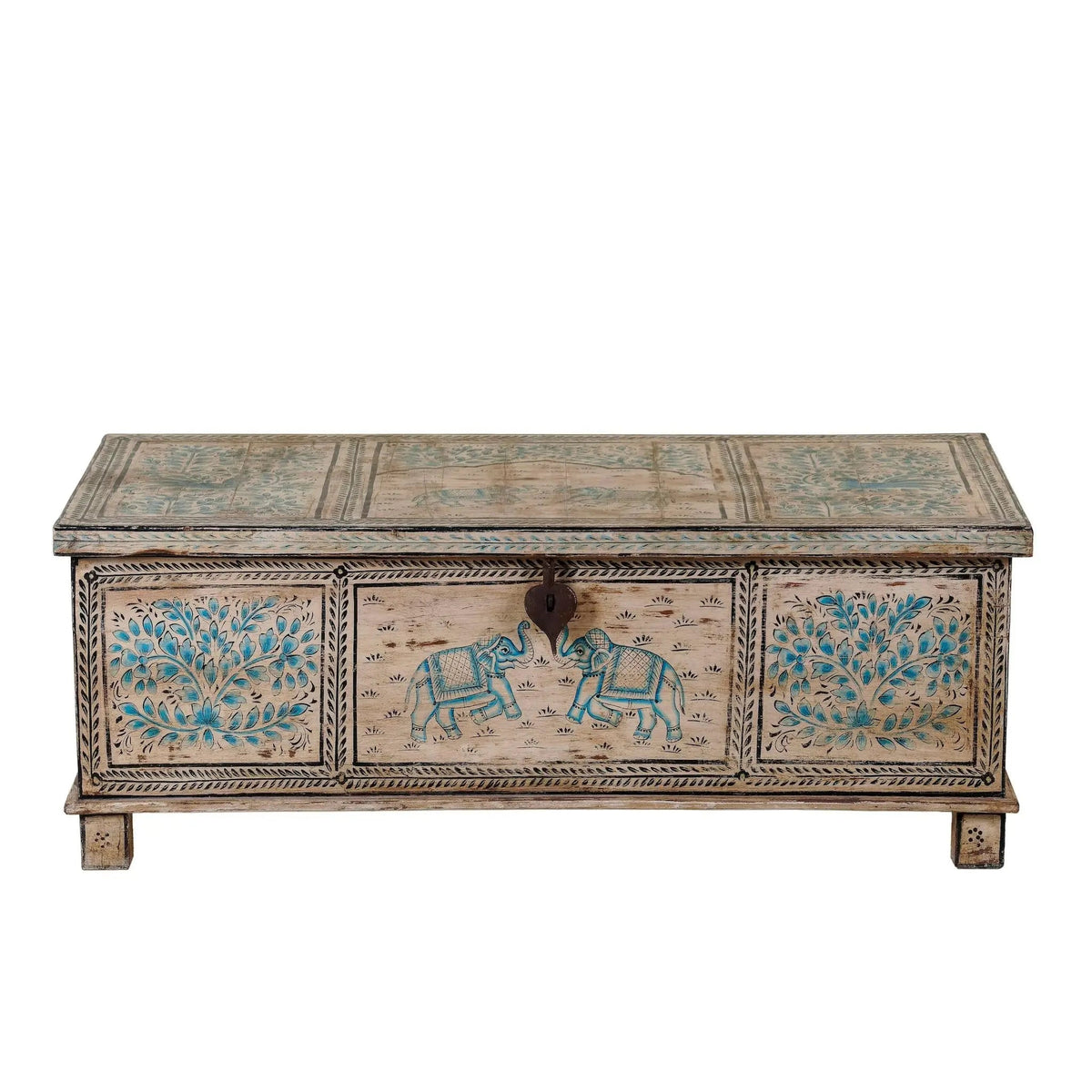Kunal Hand-Painted Elephant & Tree Reclaimed Wood Storage Chest - DOBRI ARTS AU