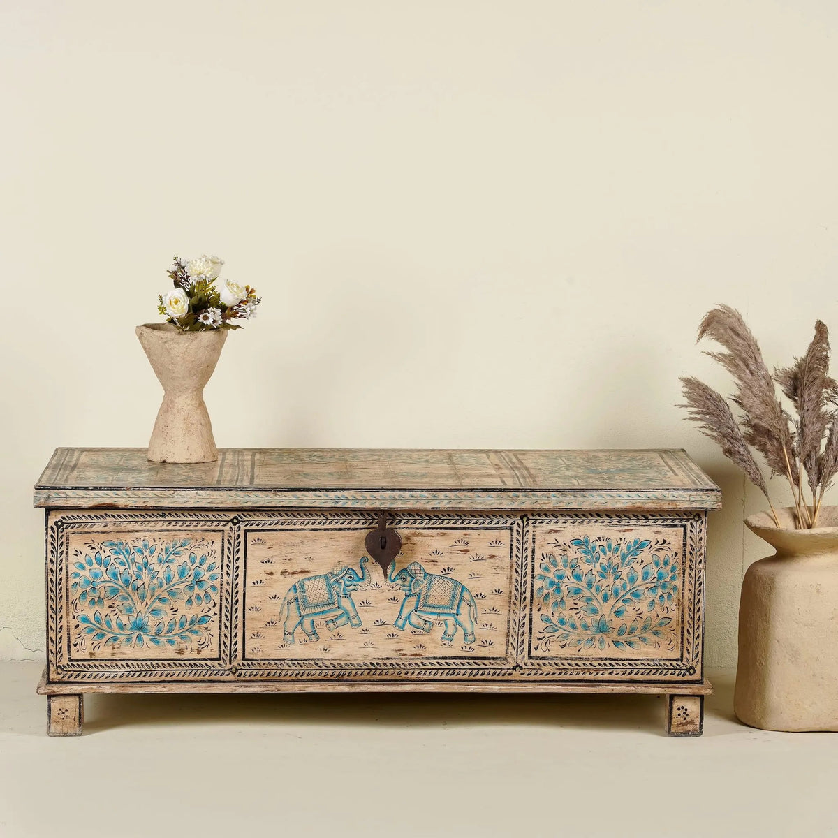 Kunal Hand-Painted Elephant & Tree Reclaimed Wood Storage Chest - DOBRI ARTS AU
