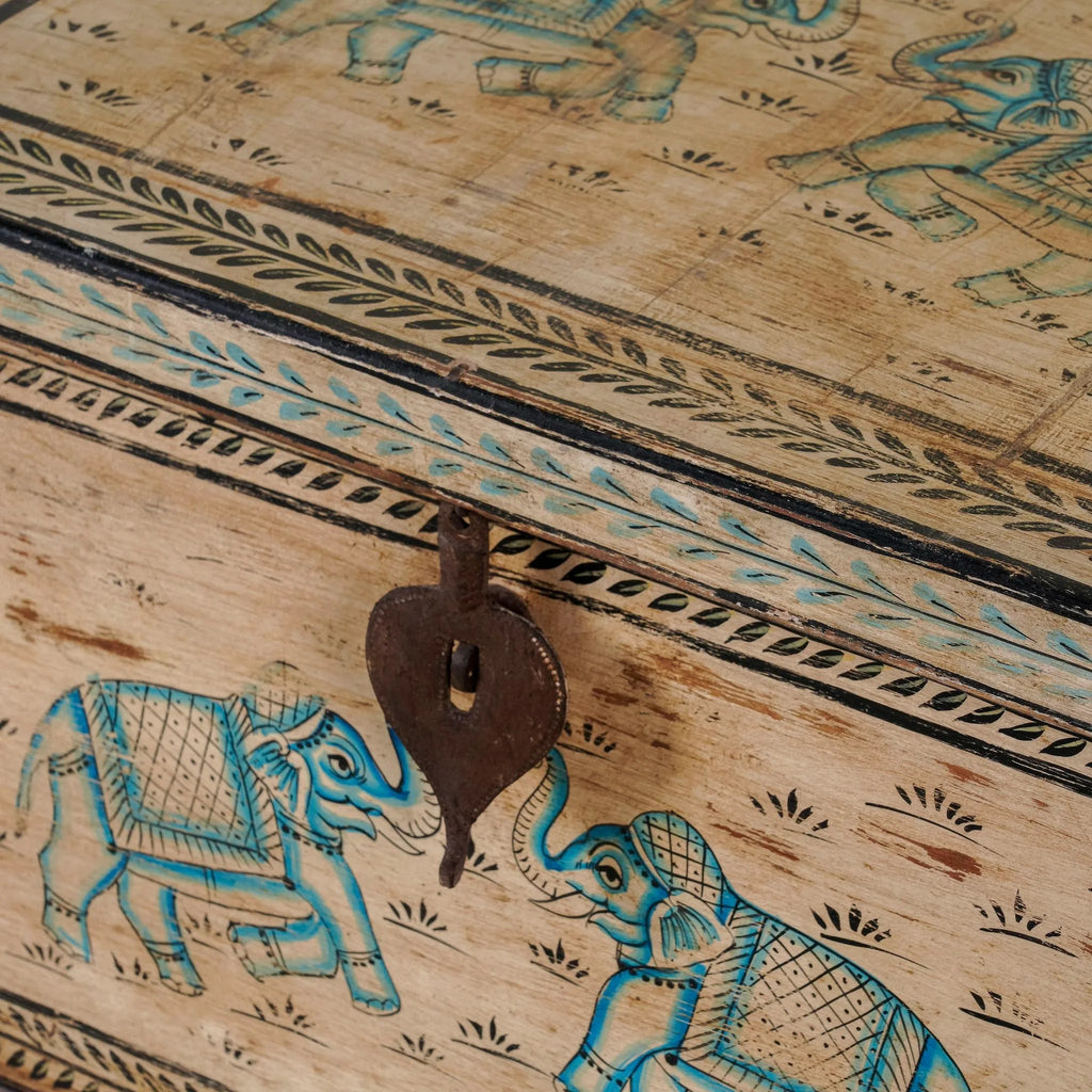 Kunal Hand-Painted Elephant & Tree Reclaimed Wood Storage Chest - DOBRI ARTS AU
