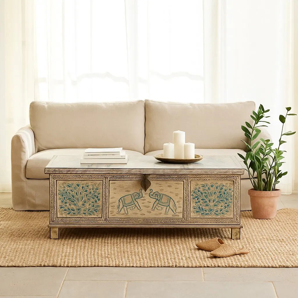 Kunal Hand-Painted Elephant & Tree Reclaimed Wood Storage Chest - DOBRI ARTS AU
