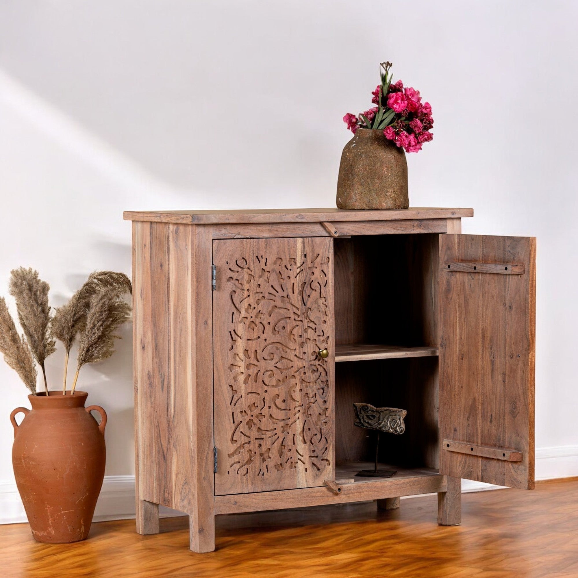 Lattice Door Wooden Storage Cabinet with Natural Finish - DOBRI ARTS AU