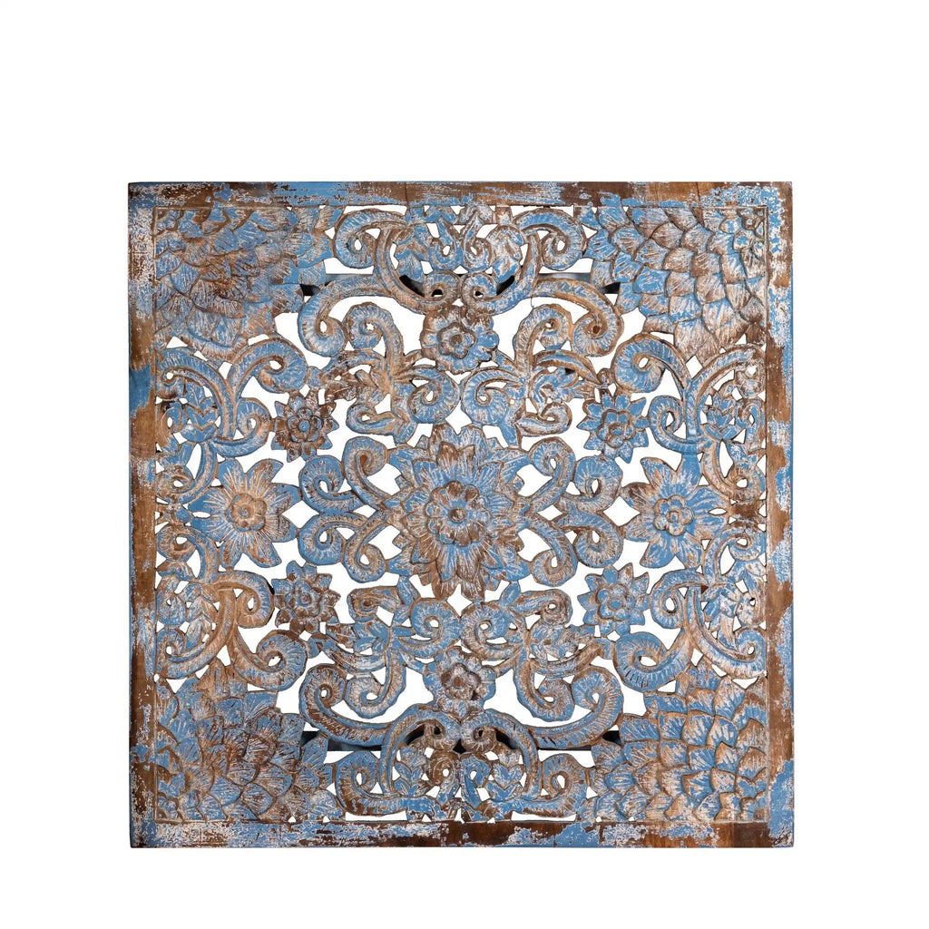Liora Distressed Blue Mango Wood Carved Wall Panel - DOBRI ARTS AU