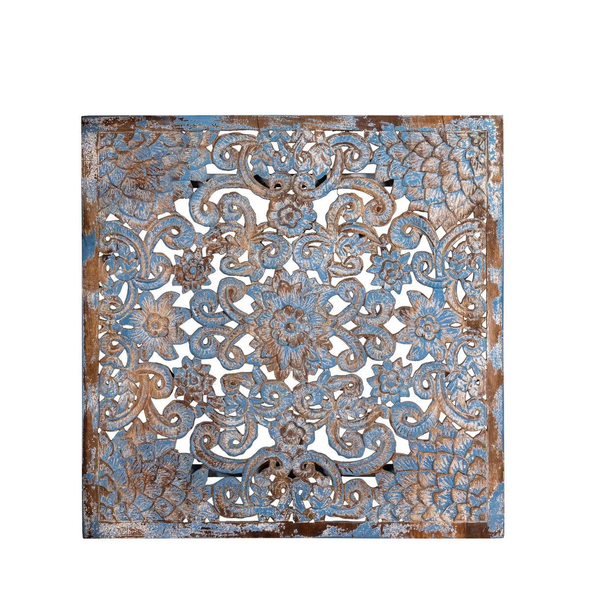 Liora Distressed Blue Mango Wood Carved Wall Panel - DOBRI ARTS AU