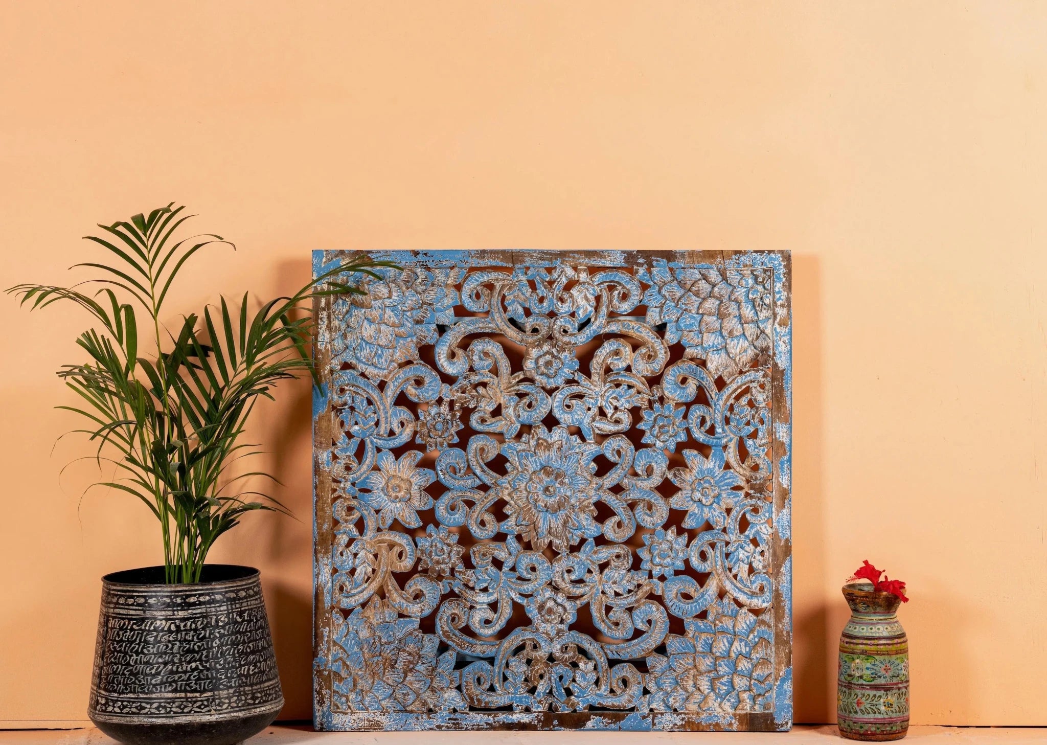 Liora Distressed Blue Mango Wood Carved Wall Panel - DOBRI ARTS AU