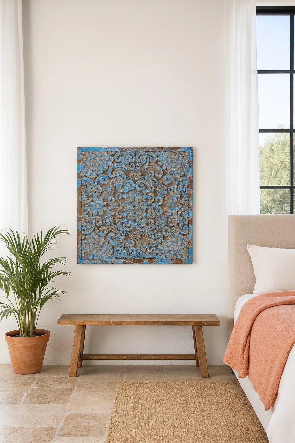 Liora Distressed Blue Mango Wood Carved Wall Panel - DOBRI ARTS AU