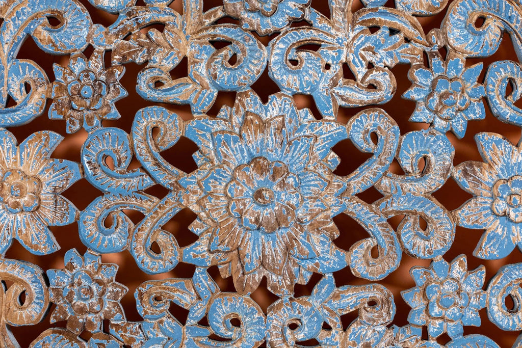 Liora Distressed Blue Mango Wood Carved Wall Panel - DOBRI ARTS AU