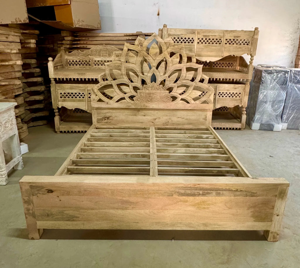 Lotus Hand-Carved Mango Wood Bed (King Size) - DOBRI ARTS AU