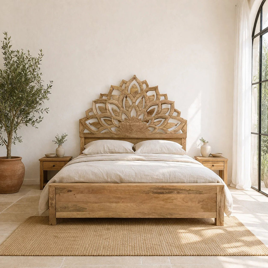 Lotus Hand-Carved Mango Wood Bed (King Size) - DOBRI ARTS AU