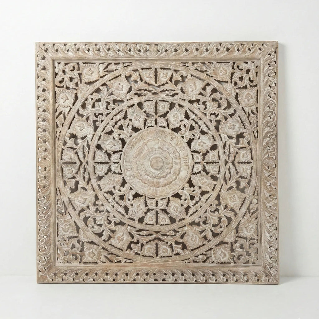 Lotus Mandala Hand-Carved Wooden Wall Panel in Distressed White Finish - DOBRI ARTS AU